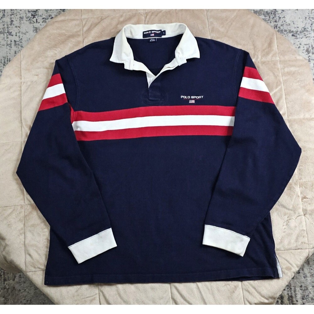 Vintage Polo Sport Ralph Lauren Rugby Shirt Mens XL Navy Red Striped Flag 90s